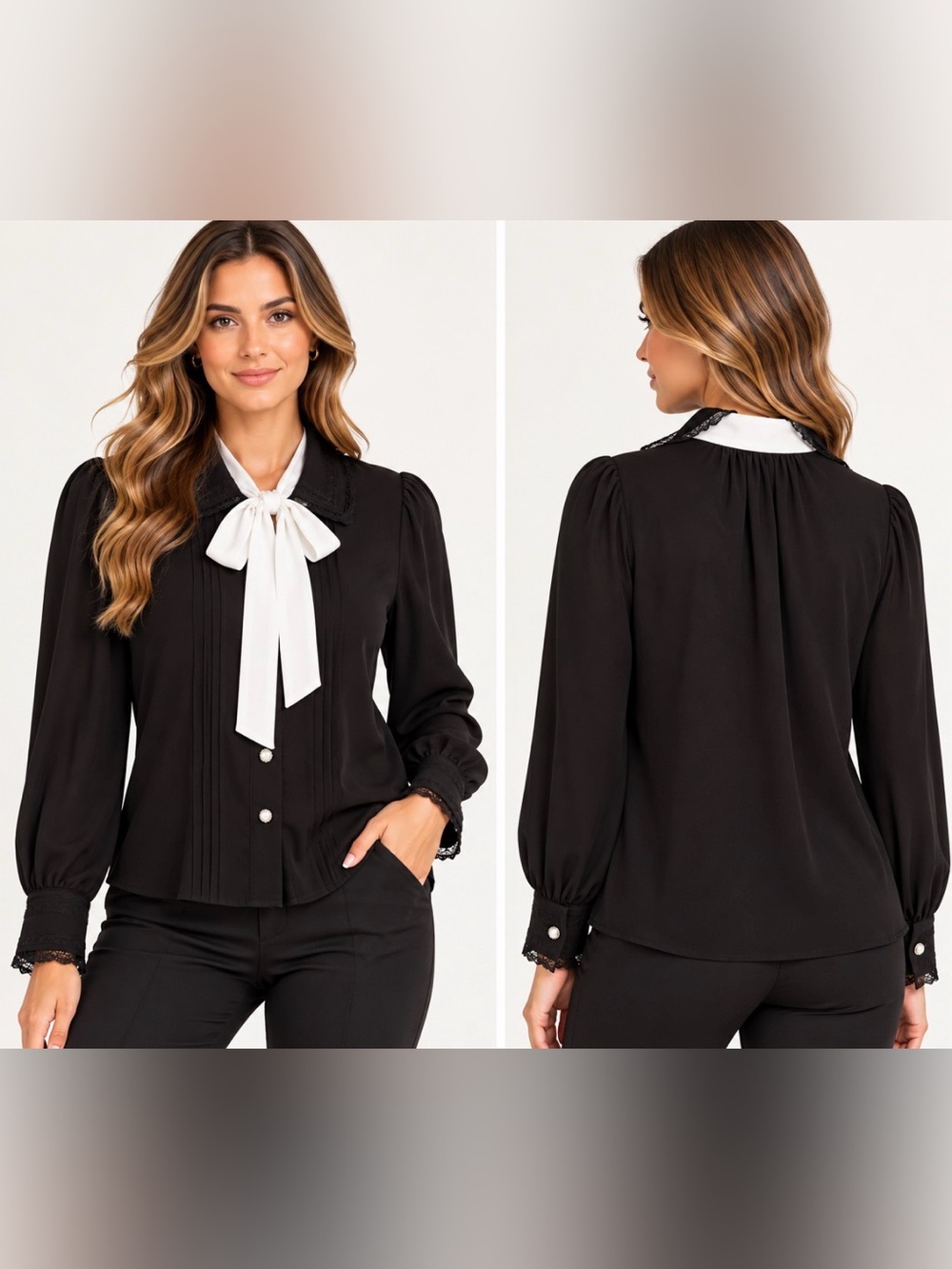 Adrianna Papell NWT Black White Tie Neck Lace Blouse XL Pearl Buttons